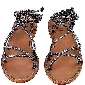 NIB Brunello Cucinelli Braided Leather Gladiator Sandals, Silver